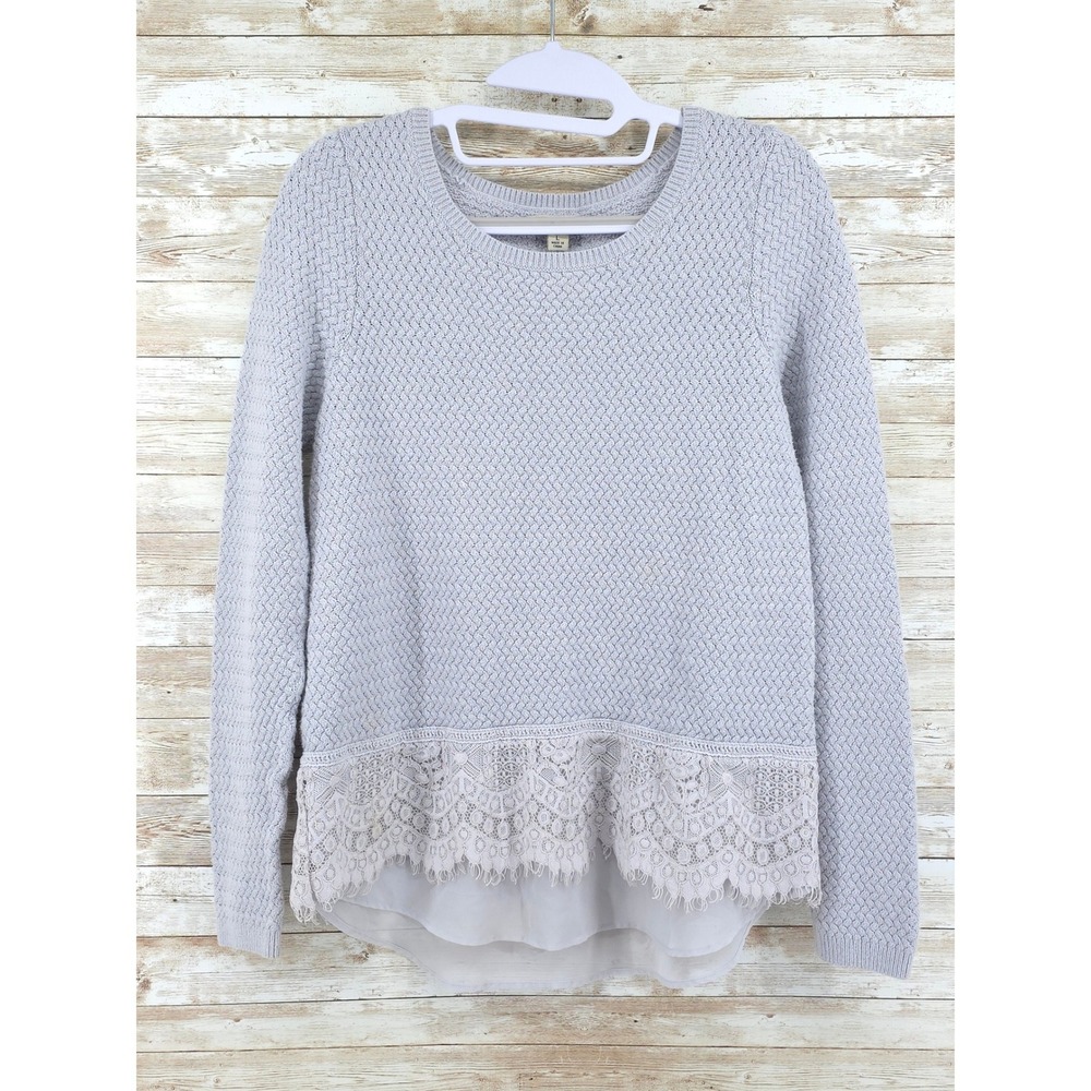 Lucky Brand Sweater Size Large Scoop Neck Knit Lace Long Sleeve Preppy Gray